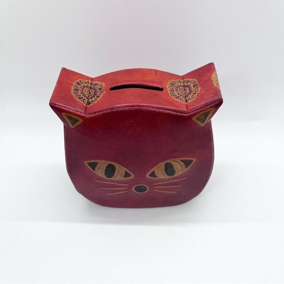 Leather Cat Piggy Bank Coin Tooled Red 4.5''x4'' Kitty Kitten India Boho Retro - Picture 3 of 4